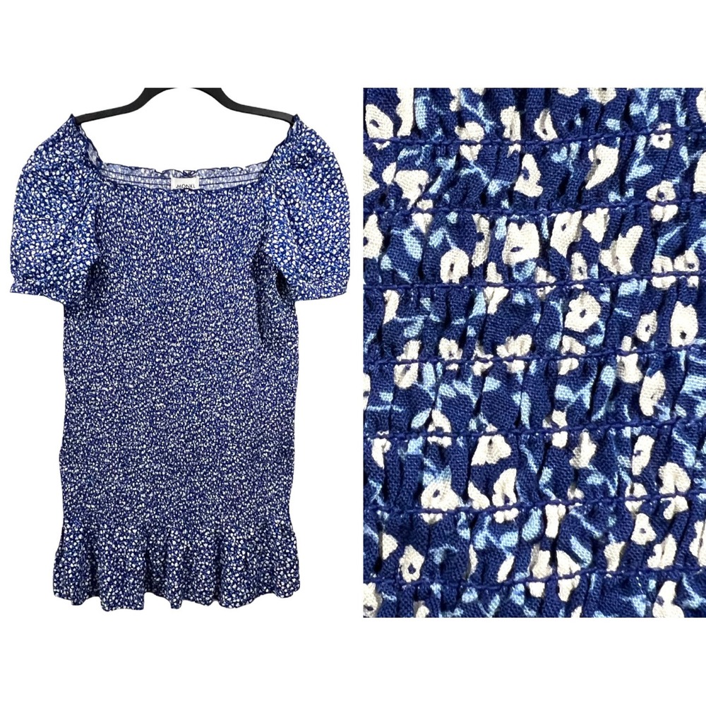 Monkl‎ Off The Shoulder Mini Dress Size XL Floral Blue White Smocked Body NWT